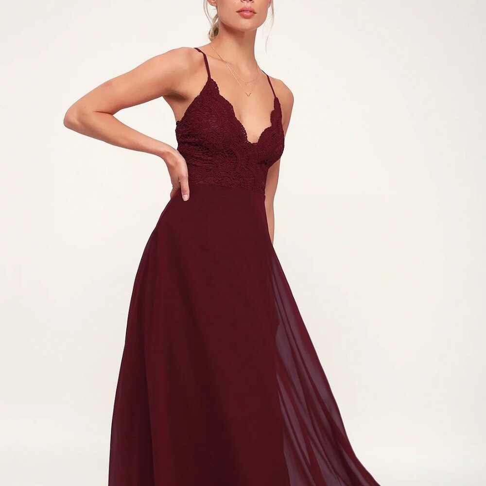 Madalyn Burgundy Lace Maxi Dress LULUS
